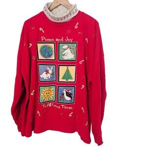 Vtg Christmas Sweater Women 22W Red Turtleneck Peace on Earth Penguin Candy Cane
